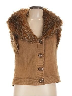 Alberto Makali Camel Brown Knit Vest with Faux Fur Collar